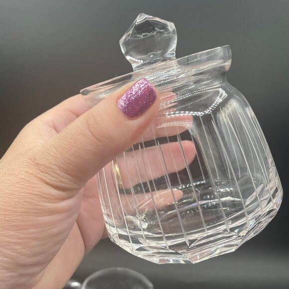 Vintage Crystal Clear Glass Cream and Sugar Faceted Lined Set 3 pc Set - Picture 4 of 10